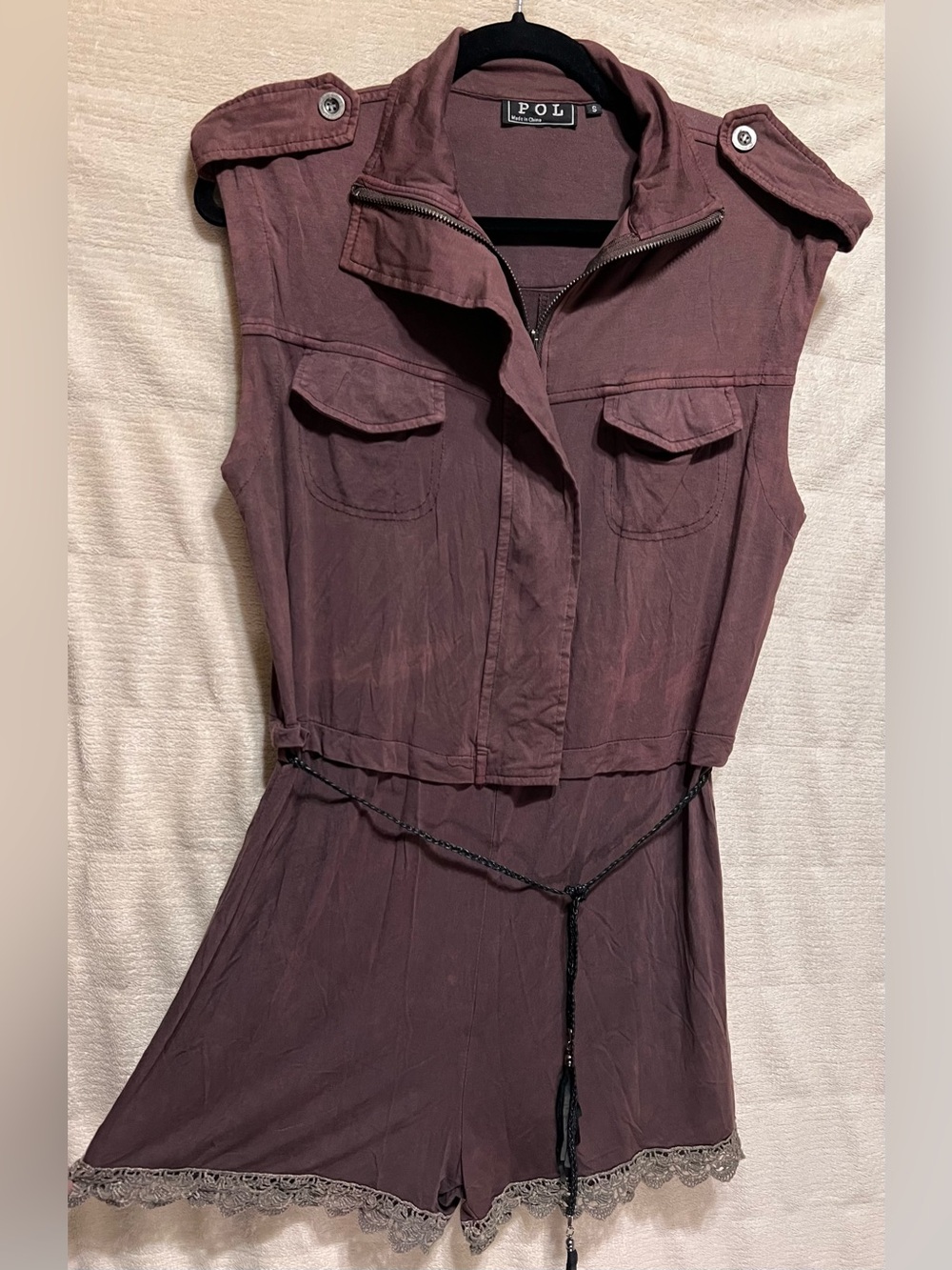 POL Dusty Mauve Utility Romper Leather Tassel Belt Lace Trim Zip Front Boho S - Picture 6 of 8